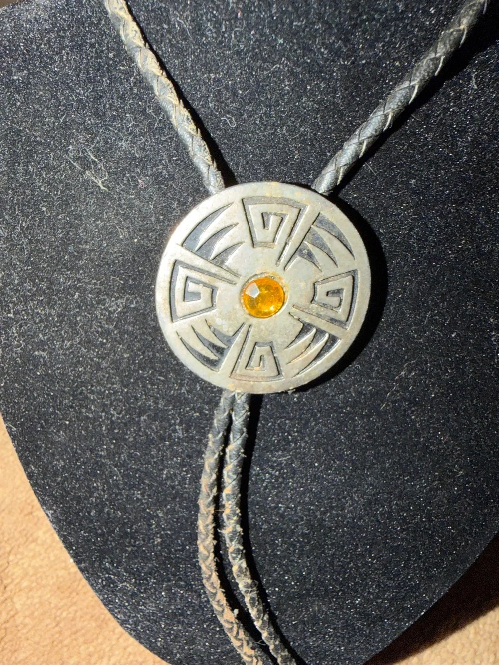 Bolo Tie Men's OS Silver Black Good Western Southwestern Geometric Amber